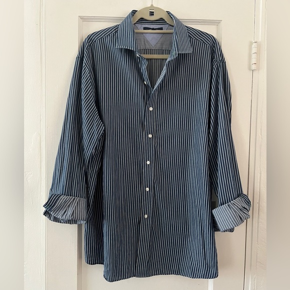 Tommy Hilfiger blue white cotton pinstripe men’s button up dress shirt slim fit - Picture 15 of 15